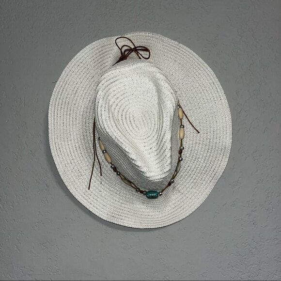 Women's White Western Festival Hat with Turquoise Leather Beaded Band - Picture 2 of 9